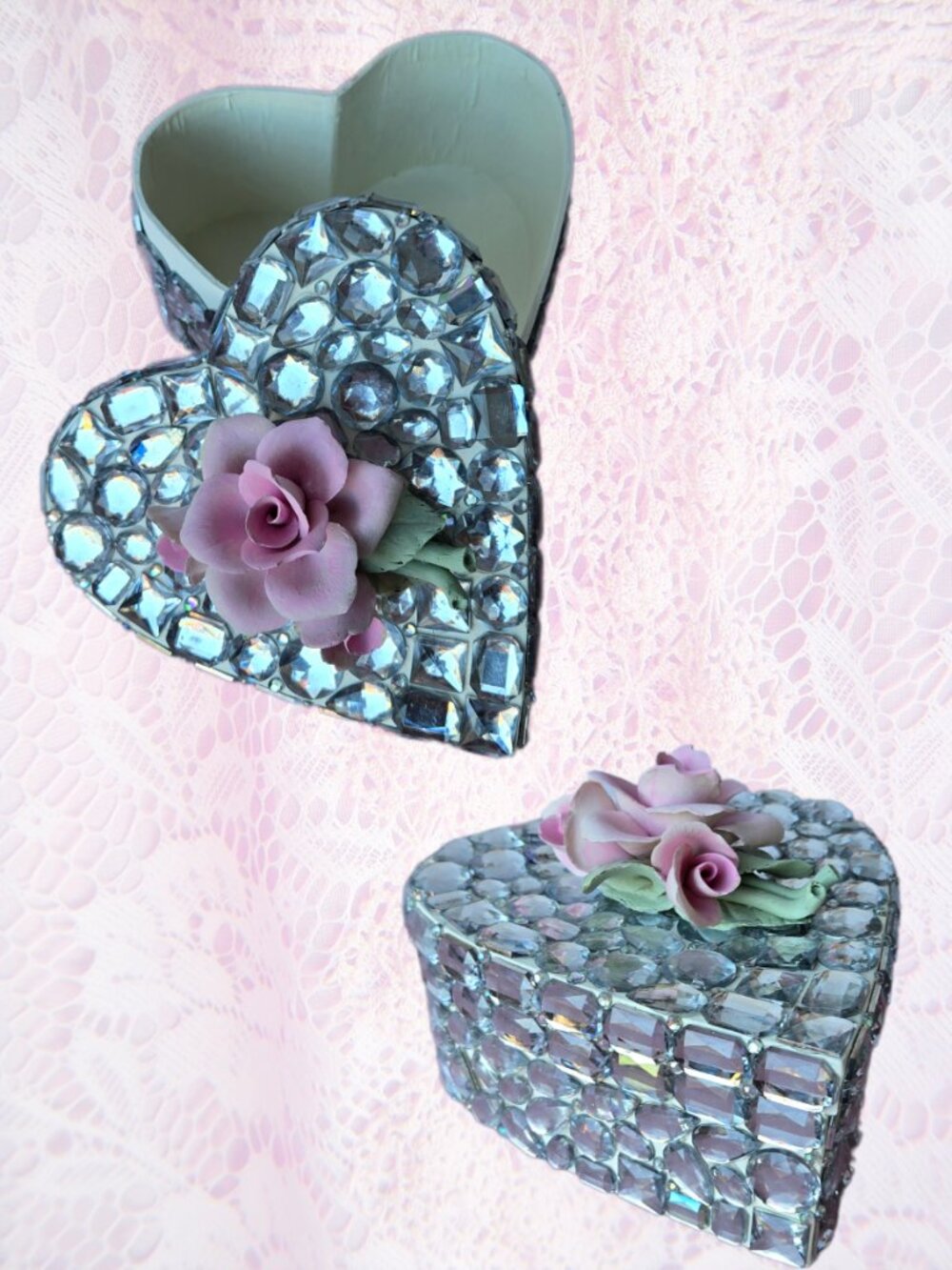 Crystal Jewel and Pink Porcelain Heart Shape Accessory Storage Box  Cottagecore